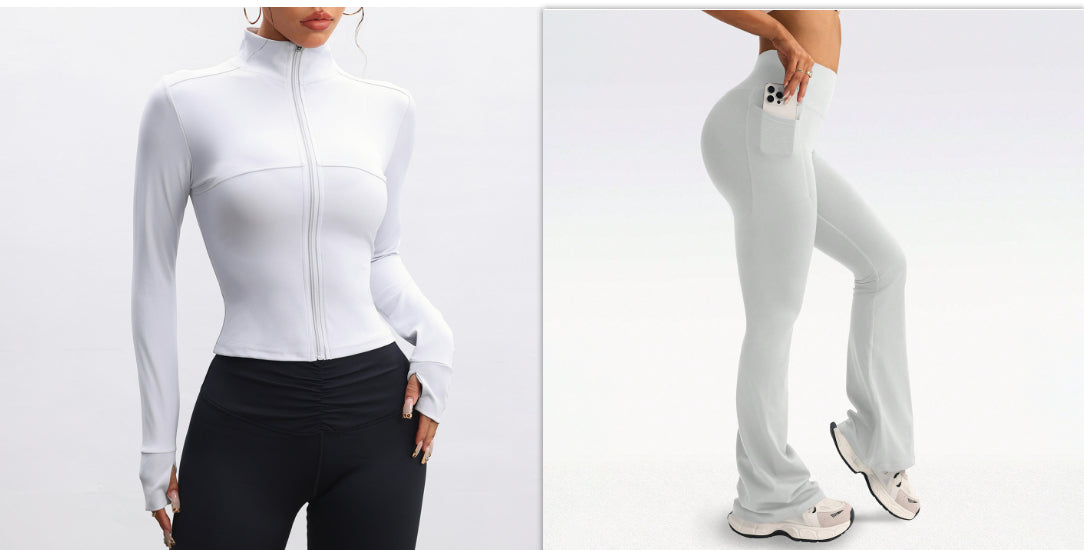 Stand Collar Long-sleeve Zipper Jacket High Waist Pocket Wide Leg Pants Suit