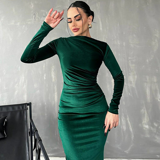 Fashion Solid Color Slim Pleated Round-neck Long-sleeved Dress