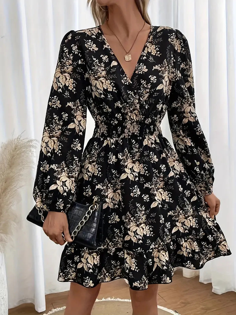 V-neck Floral Print Long Sleeve Dress