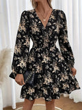 V-neck Floral Print Long Sleeve Dress