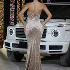 Fashion Velvet Halter Sheath Hollow-out Banquet Evening Dress - DanaFashionstore