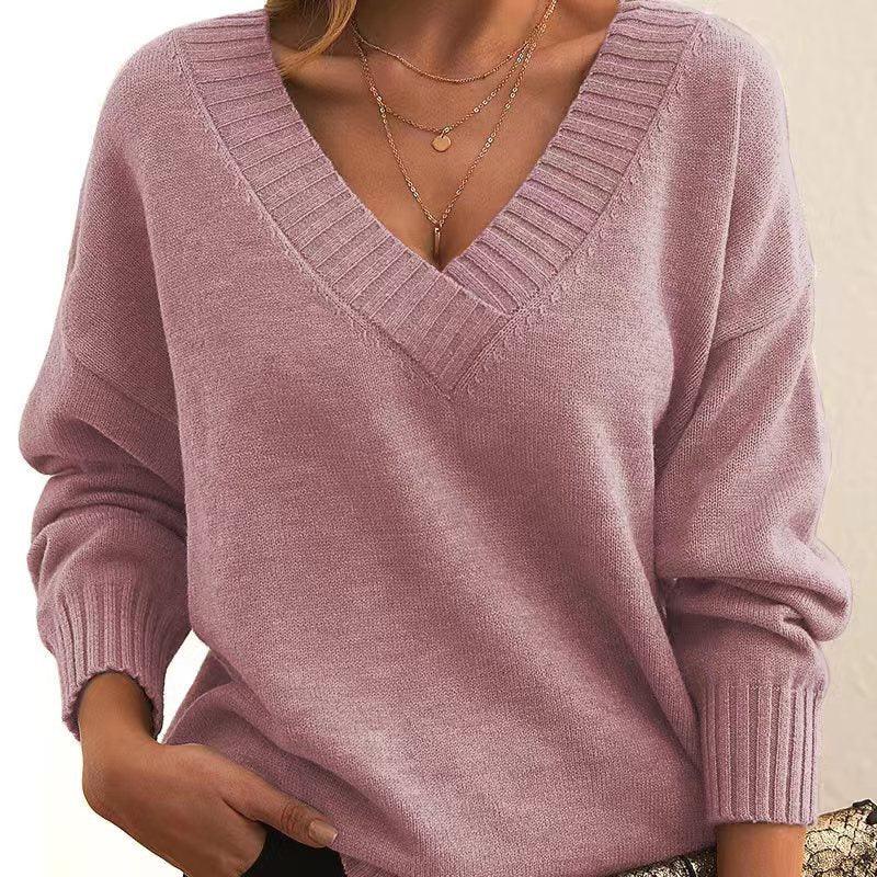 Solid V-neck Sweater Fashion Loose Long-sleeved Knitted Tops Autumn And Winter Women's Clothing - DanaFashionstore