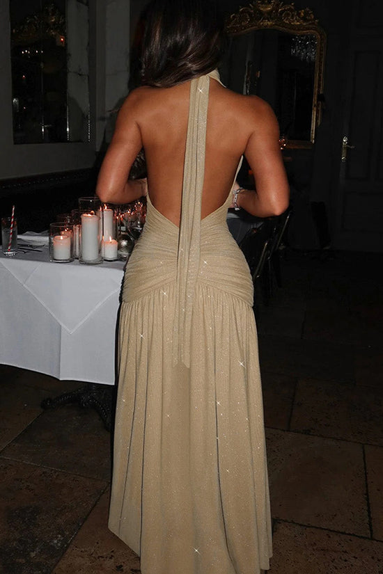 Halter Backless Bright Silk Dress V-neck