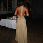 Halter Backless Silk Dress 2026 - V-Neck Bright Party Dress - DanaFashionstore