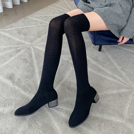 Womens Thigh High Stretch  Breathable Pointed Toe Rhinestone Thick Heel Knitting Sock Boots