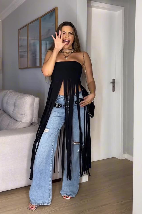 Black Bandeau Fringe Top