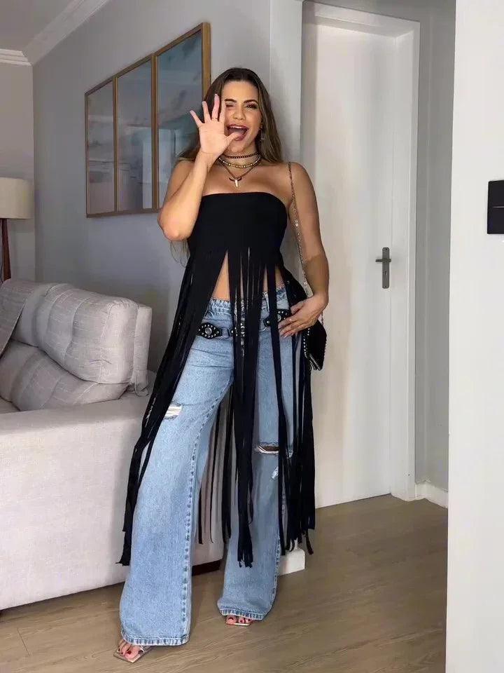 Black Bandeau Fringe Top - DanaFashionstore