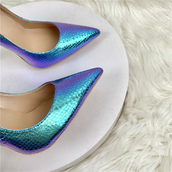 New Blue Color Serpentine Lady High Heels 12CM Pointed Stiletto Heel