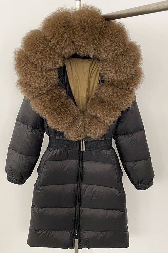 Women's Long Cinched Hoodie Real Fox Fur Collar Coat