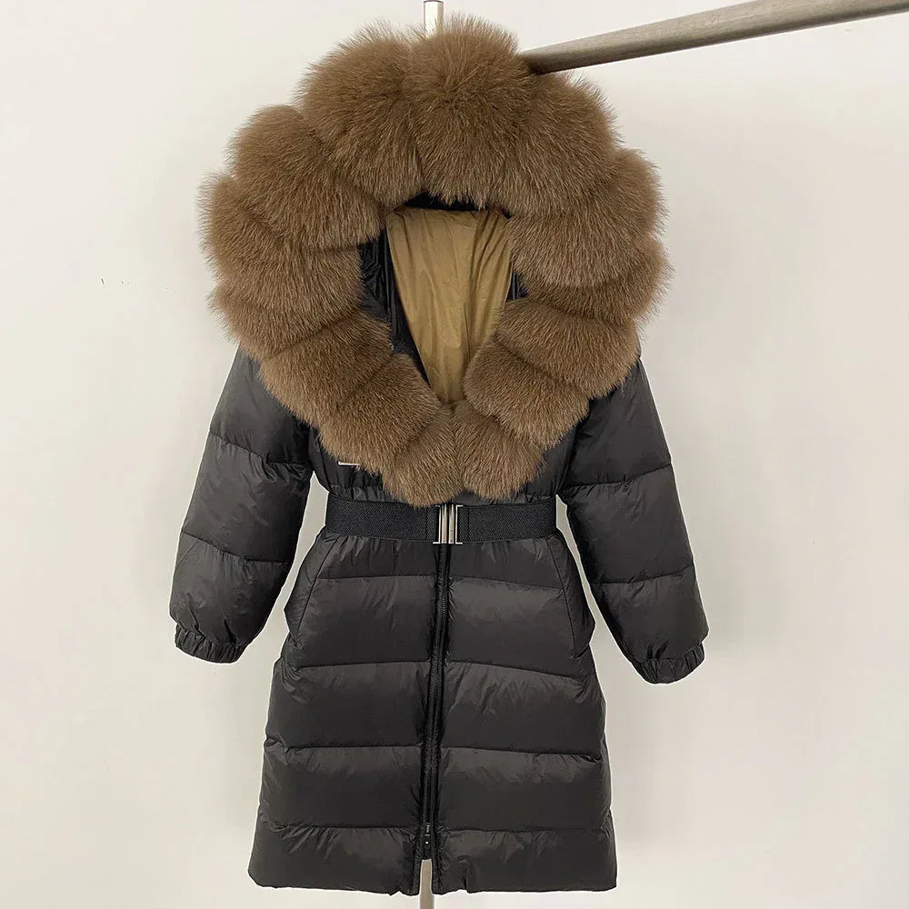 Women's Long Cinched Hoodie Real Fox Fur Collar Coat 2026 - Winter Jacket - DanaFashionstore