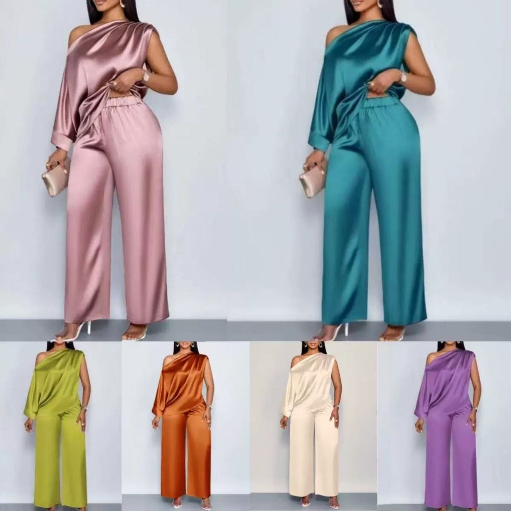 Spot 2026 European And American Cross-border Summer Casual Women's Satin Suit Slanted Collar Short-sleeved Top Trousers Set