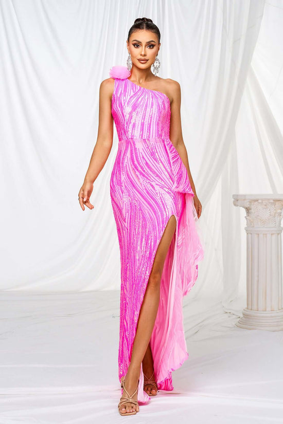 One-shoulder Diagonal Collar Sequined Slit Evening Dress $131.77 Dana Fashion Color: Rose Red Size: L Women's clothing Product information: Pattern: solid color Skirt type: hip skirt Color: Rose Red Waist type: high waist Size: S,M,L,XL Style type: Elegan