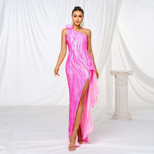 One-shoulder Diagonal Collar Sequined Slit Evening Dress $131.77 Dana Fashion Color: Rose Red Size: L Women's clothing Product information: Pattern: solid color Skirt type: hip skirt Color: Rose Red Waist type: high waist Size: S,M,L,XL Style type: Elegan
