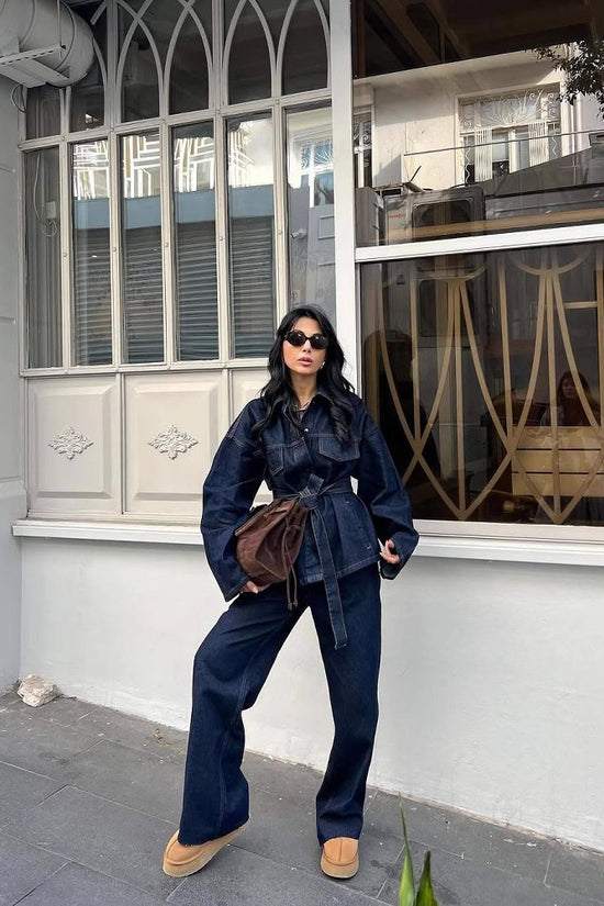 Women's Retro Waist Lace-up Waist-controlled Lapel Denim Coat Trousers Set