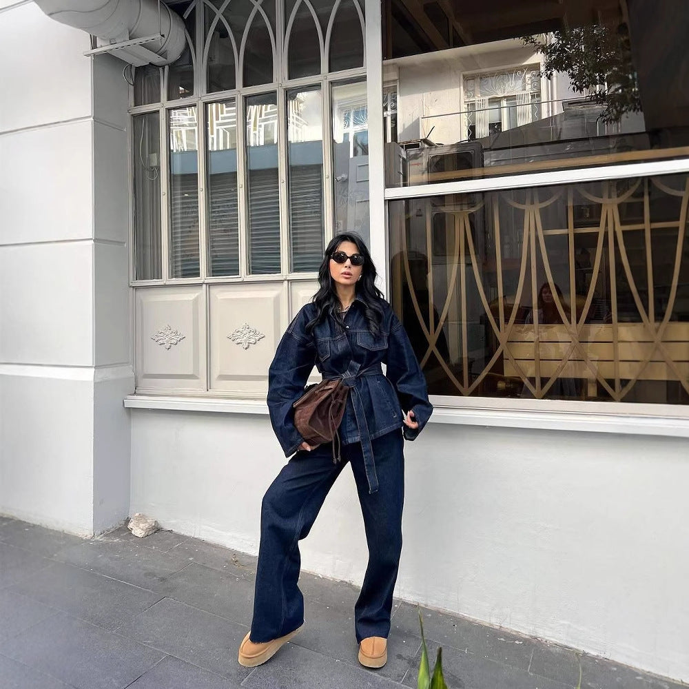 Women's Retro Waist Lace-up Waist-controlled Lapel Denim Coat Trousers Set