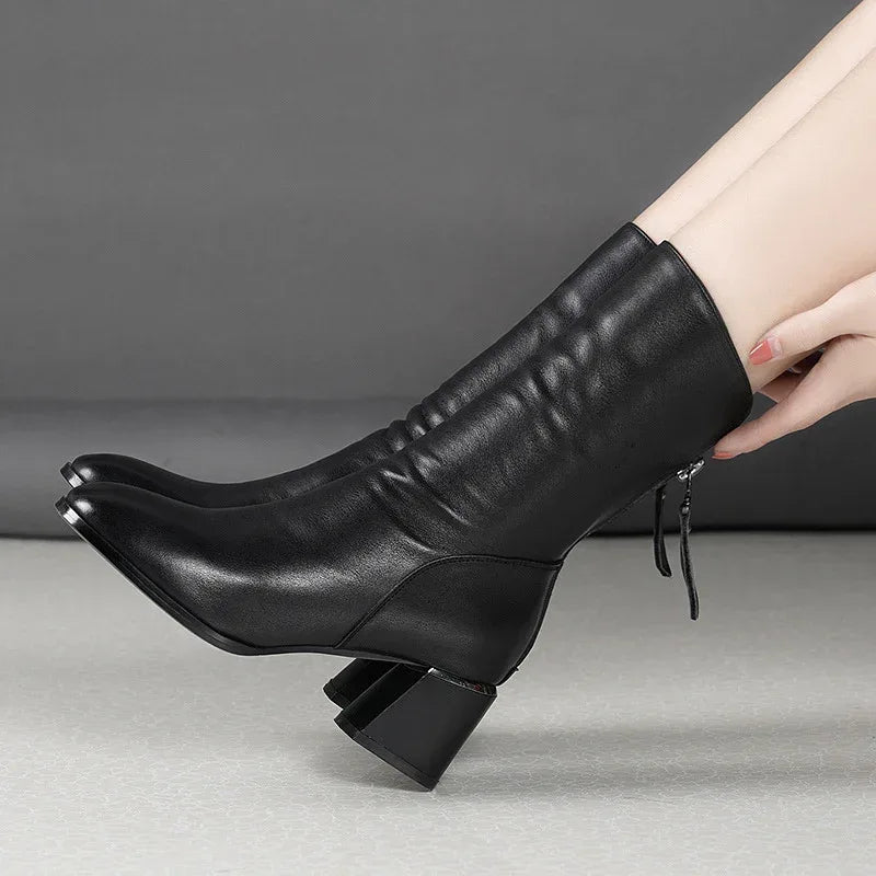 Autumn And Winter Women's Pointed Thick Heel And Fleece Martin Boots - DanaFashionstore