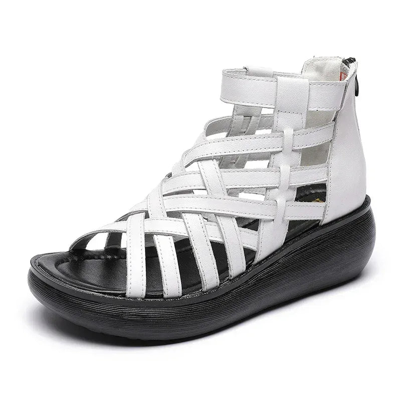 New Ethnic Style Retro Wedge Sandals Women's Casual Bag Heel Sandal Boots Cowhide Fish Mouth Sandals - DanaFashionstore