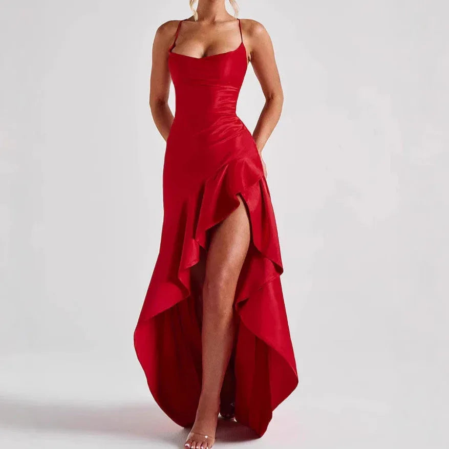 Women's Backless Ruffles Irregular Dress Summer Fashion Evening Party Club Split Suspender Maxi Dresses Clothing - DanaFashionstore