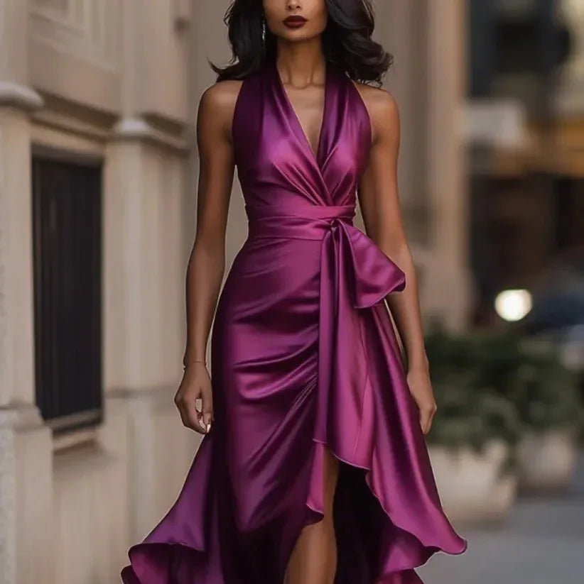 Elegant Deep V-neck Irregular Women's Ruffled Ruffled Evening Dress Gowns Solid Color Lace-up High Waist Satin Party Dresses Wedding Guests Dress - DanaFashionstore