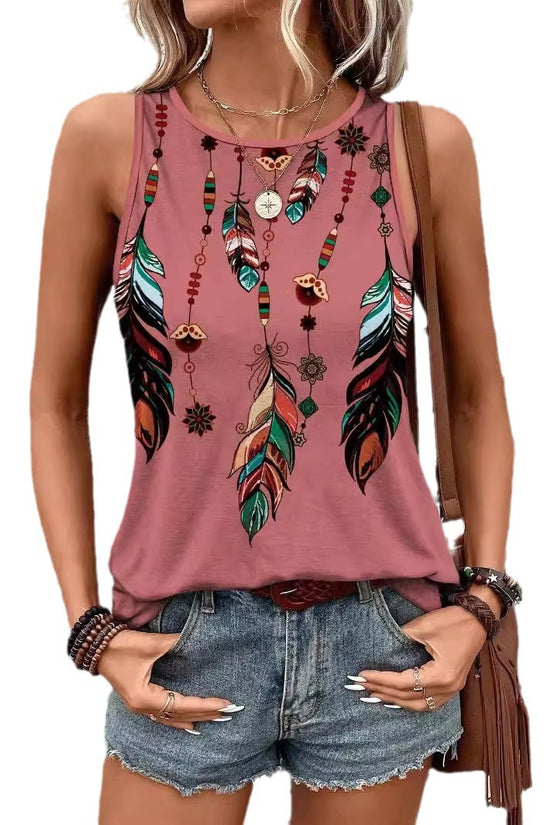 Women's Feather Print Vest Summer Print