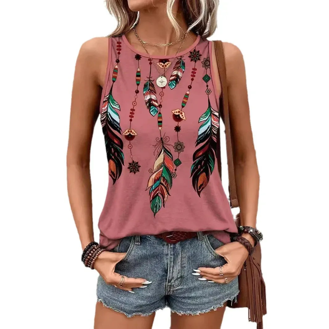 Women's Feather Print Vest Summer Print - DanaFashionstore