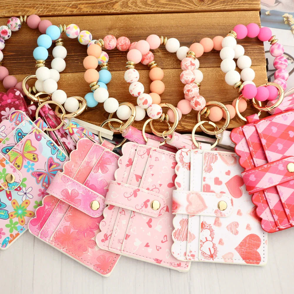 Love Polyurethane Card Holder Silica Gel Key Chain European And American Printed Silicone Beads Bracelet Women's Wallet - DanaFashionstore