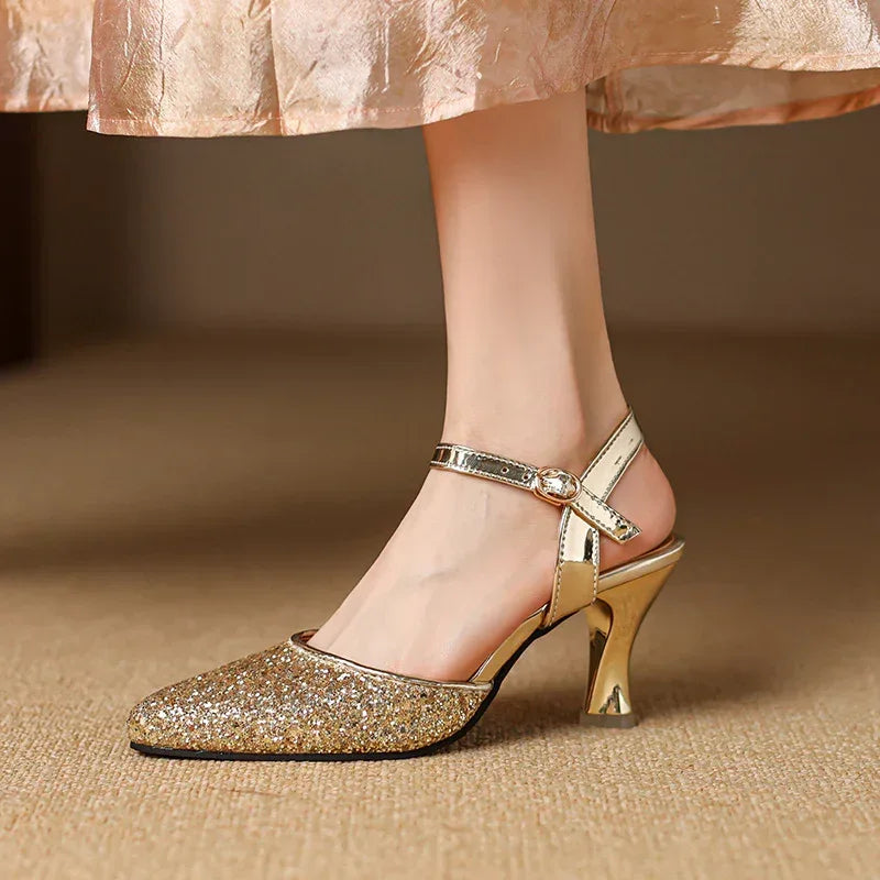 Closed Toe Back Empty Ankle-strap Buckle Sandals Women's Silver High Heel - DanaFashionstore