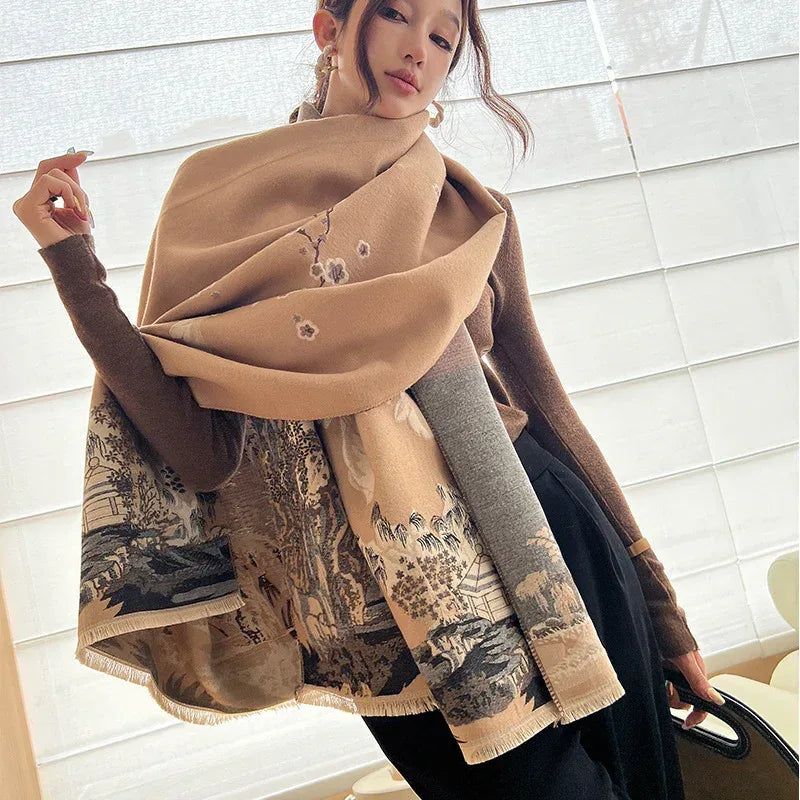 Vintage Plum Scarf Women's Artificial Cashmere Thickened Double-sided Student Shawl - DanaFashionstore