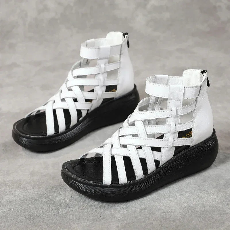 New Ethnic Style Retro Wedge Sandals Women's Casual Bag Heel Sandal Boots Cowhide Fish Mouth Sandals - DanaFashionstore