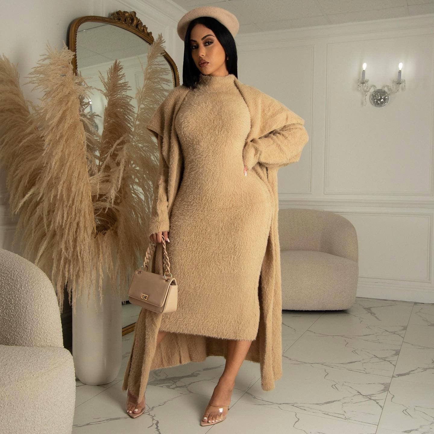 Autumn And Winter Elegant Dress Long Cardigan Velvet Two-piece Suit - DanaFashionstore