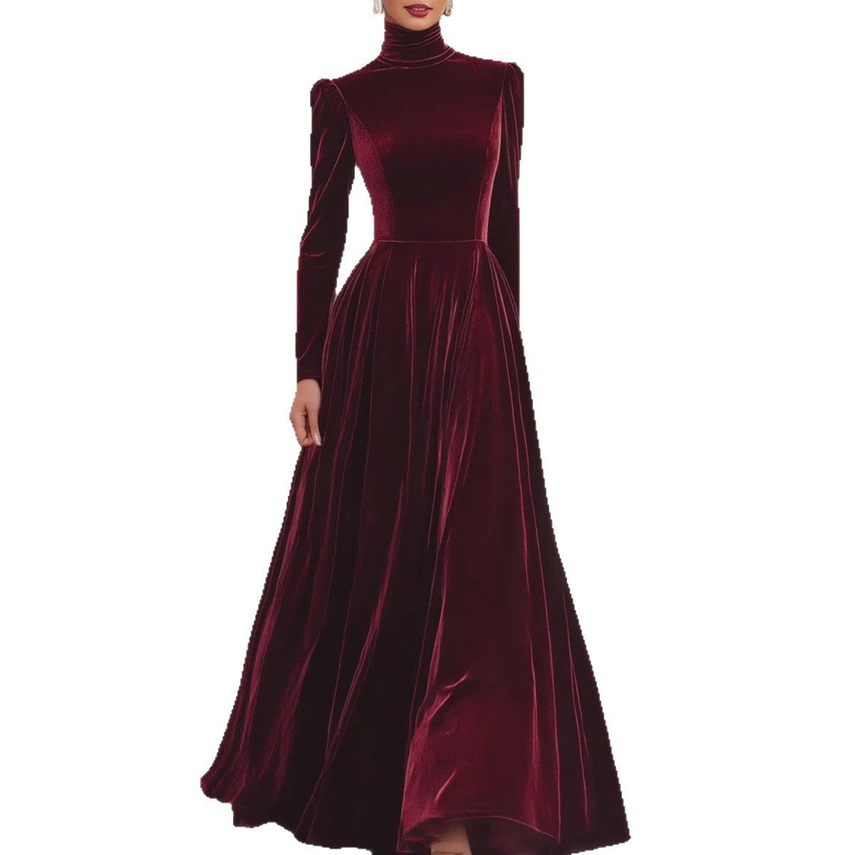 Womens Elegant Long Dress With A High Neck And Puffed Sleeves