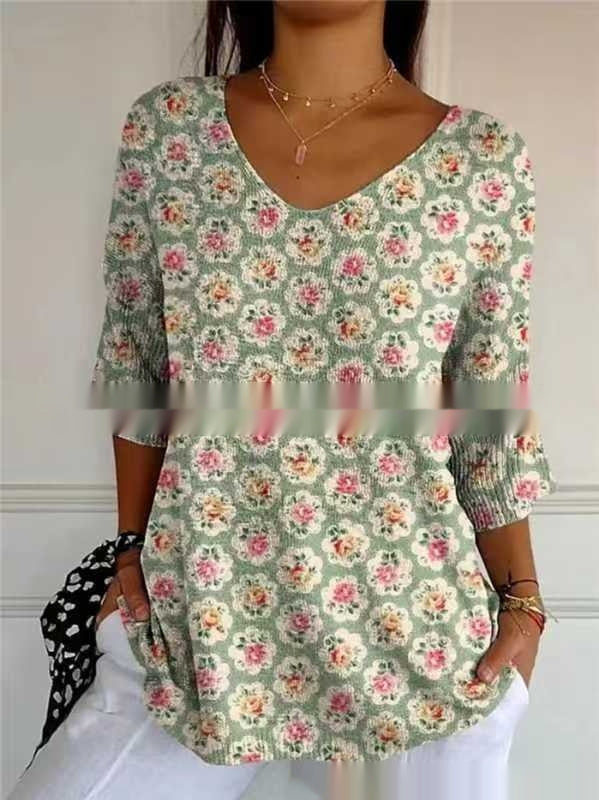 New Fashion Casual V-neck 3D Printed Geometric Pattern Half Sleeve T-shirt Top For Women