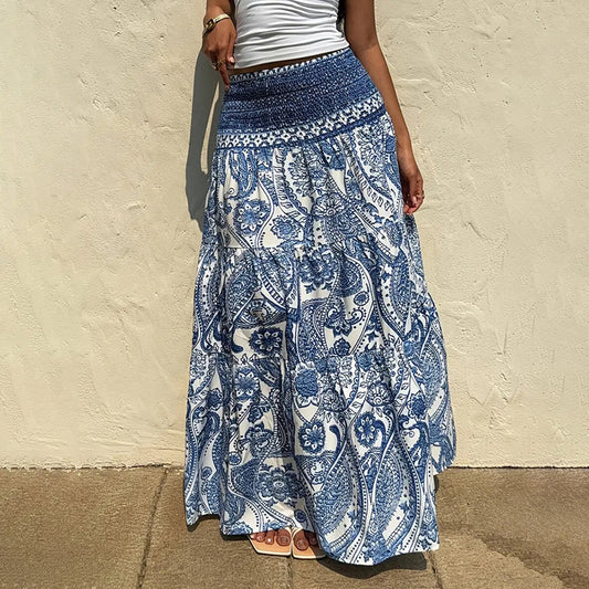 Women's Boho Floral Print Maxi Skirt - Elastic Waist A-Line Long Skirt For Spring&Summer Casual Beach Skirt - Dana Fashion