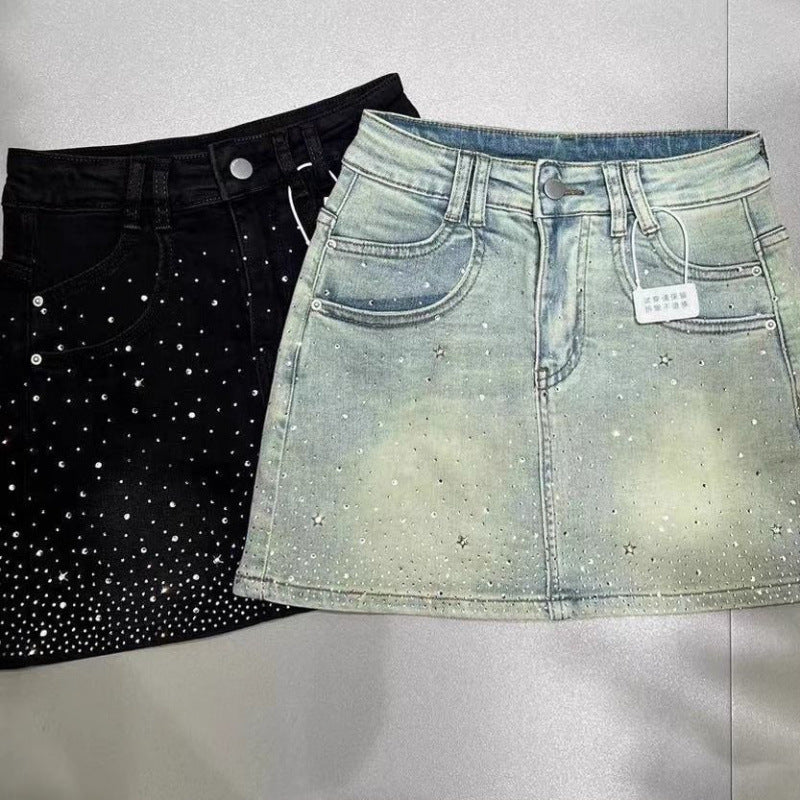 Retro Rhinestone Bright Star River Slim-fit Slimming Denim Skirt - Dana Fashion