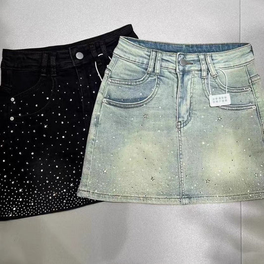 Retro Rhinestone Bright Star River Slim-fit Slimming Denim Skirt - Dana Fashion