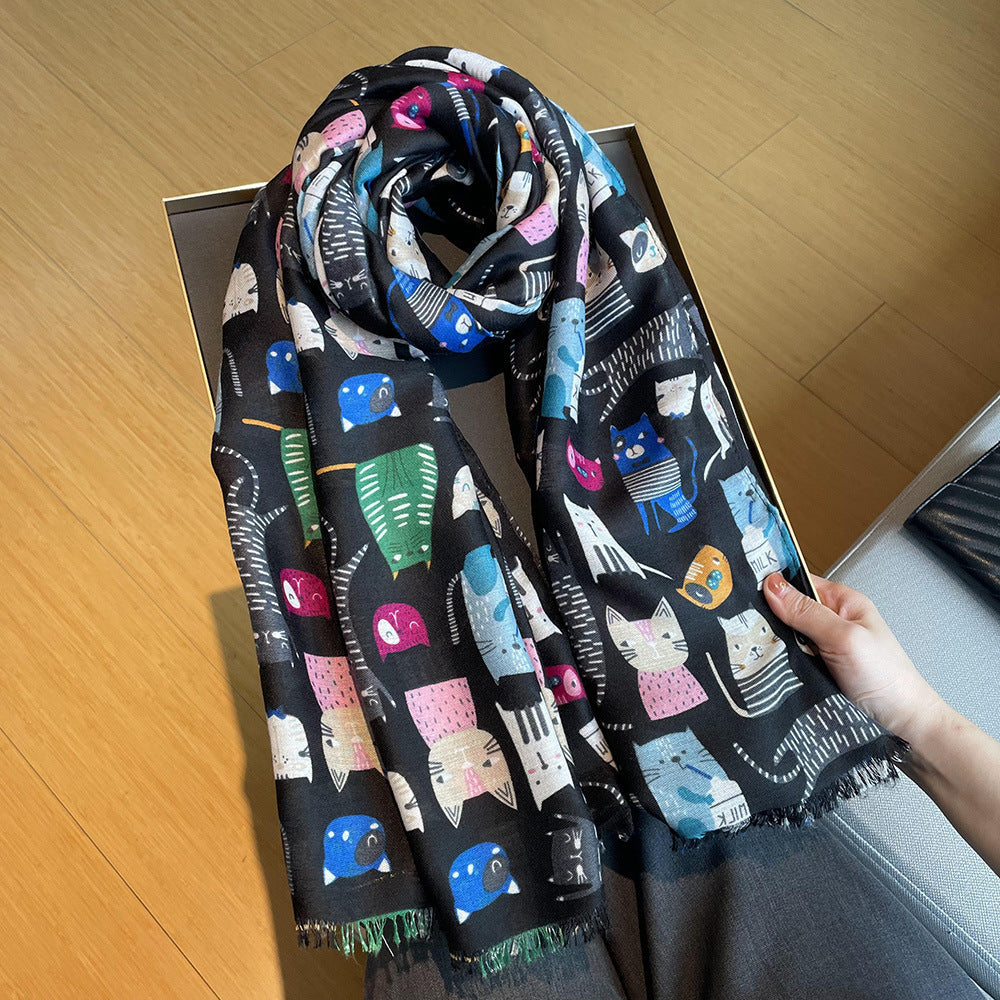 Cute Female Cat Picture Cotton And Linen Scarf