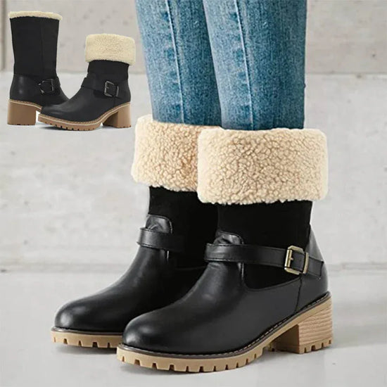 Fashion Boots With Buckle Chunky Heel Shoes Warm Winter Round Toe Western Boots For Women - DanaFashionstore