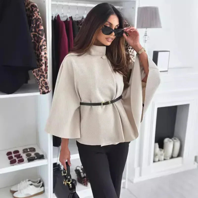 New Stand Collar Batwing Sleeves Cloak Top With Belt Ins Fashion Temperament Jacket Woolen Sweater Outwear For Women Clothing - DanaFashionstore