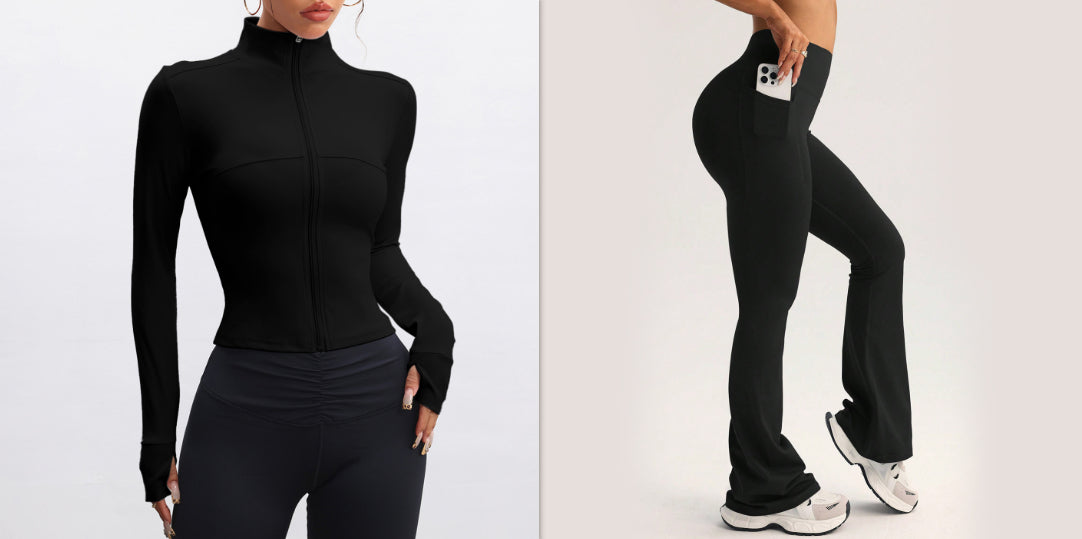 Stand Collar Long-sleeve Zipper Jacket High Waist Pocket Wide Leg Pants Suit