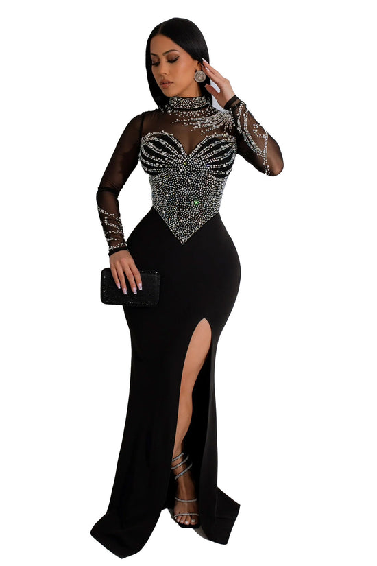 Women's Rhinestone Pearl See-through Waist-tight Stretch Split Dress