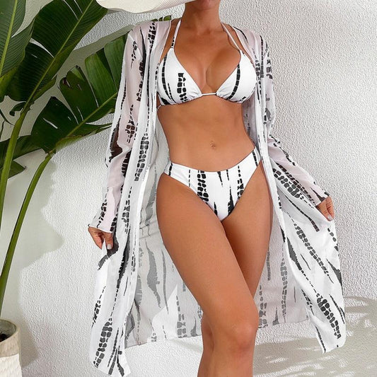 European And American Bikini Three-piece Mesh Long Sleeve Sun-proof Vacation Hot Spring Bathing Suit - DanaFashionstore