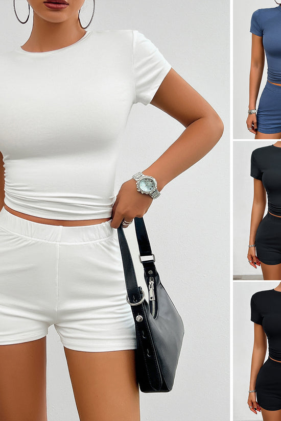 Solid Color Slim Sports Suit Summer 2Pcs Short-sleeved Round Neck T-shirt And Elastic Shorts Fashion Womens Clothing