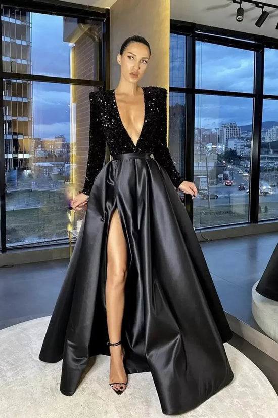 Women's Long Sleeve Sequin V-neck Sequins Evening Dress - DanaFashionstore