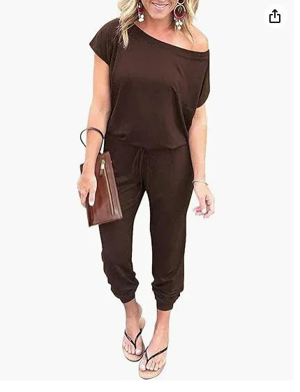 Fashion Slant Shoulder Jumpsuit 2026 - Short Sleeve Pocket Jumpsuit - DanaFashionstore