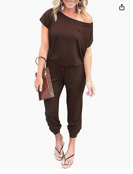 Fashion Slant Shoulder Short Sleeve Pocket Women's Jumpsuit