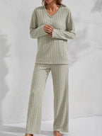 Ribbed Long-Sleeve Top And Pants Casual Comfortable Womens Loungewear Set