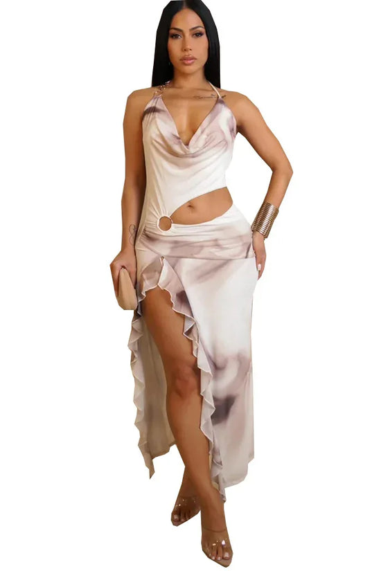 Color-blocked Off-shoulder Tie-neck Crop Print Irregular Skirt - DanaFashionstore