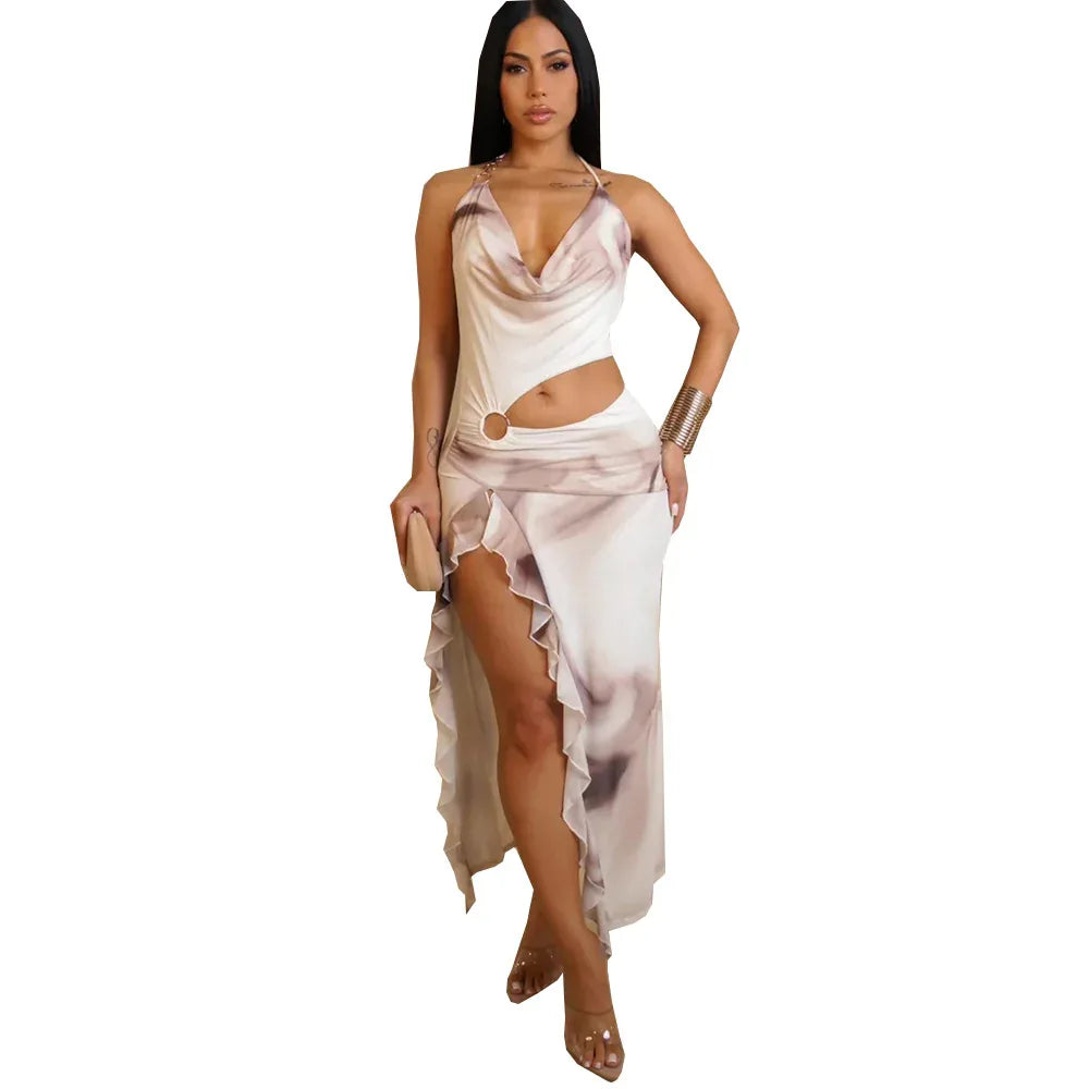 Color-blocked Off-shoulder Tie-neck Crop Print Irregular Skirt - DanaFashionstore