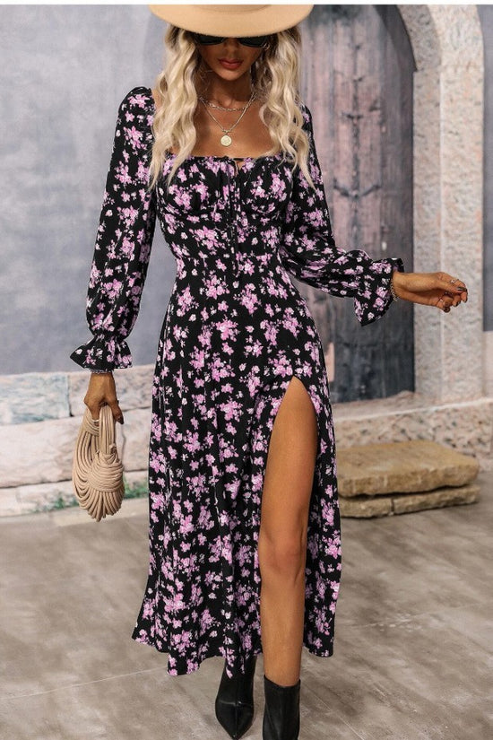 Flowers Printing Long Sleeve Dress Fashion Square-neck Bottom Slit Dresses Womens  Clothing