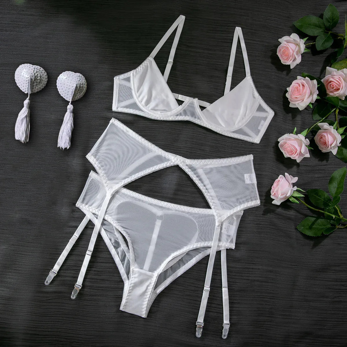 Pink Breast-exposed Hip Sexy Lingerie Three-piece Set New Hollow-out Beautiful Style Hip-exposed Hot - DanaFashionstore